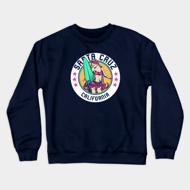 Retro Surfer Babe Badge Santa Cruz California Crewneck Sweatshirt by Now Boarding